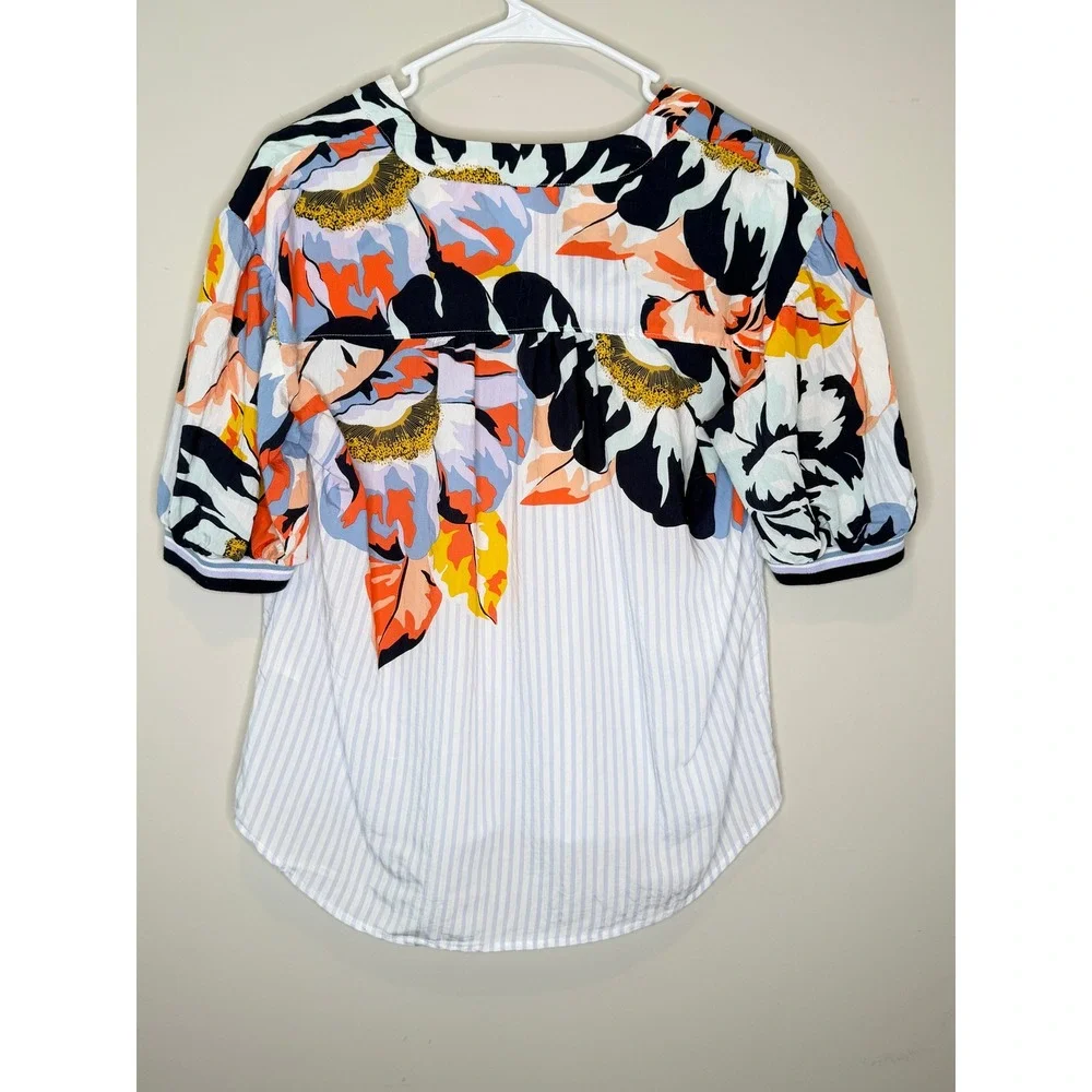 Maeve by Anthropologie Floral Mixed Print Striped Blouse XS Puff Sleeve